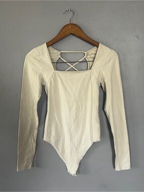 American Eagle Cream Long Sleeve Square Neck Open Back Bodysuit Medium